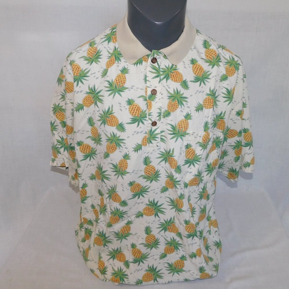 Tori Richards USA Beige Yellow Green Pineapple Hawaiian Polo Shirt Mens XL